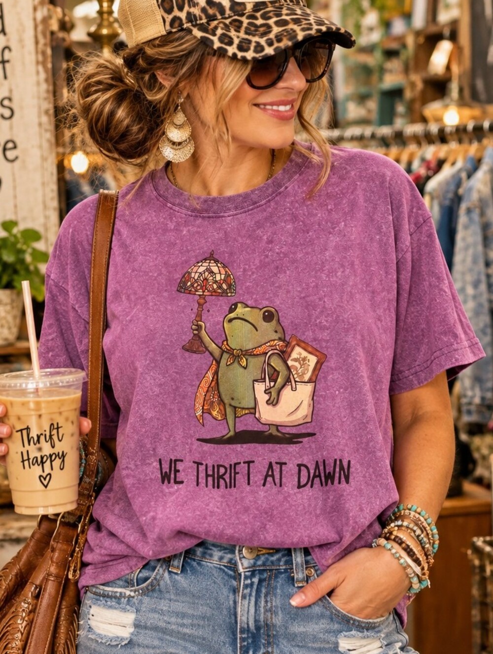 Unbranded XL Purple Mineral Wash We Thrift at Dawn Frog Graphic Tee
